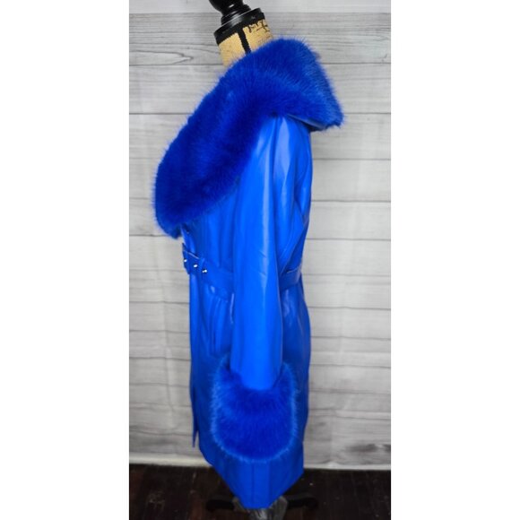 Y2K Does 70s Bright Blue Faux Leather Penny Lane Coat Belted - Picture 2 of 16